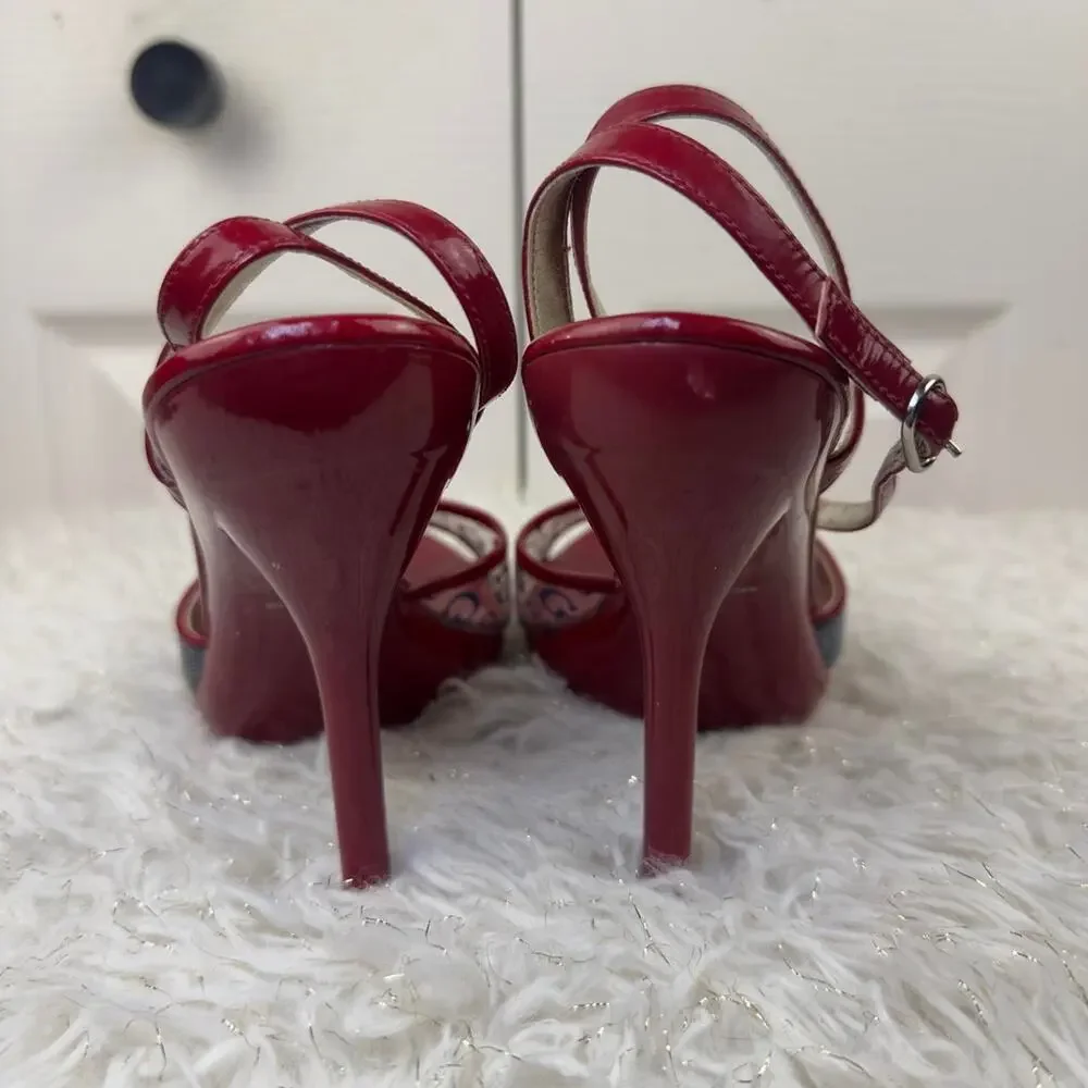Guess Y2K Red Logo Clear PVC Platform Stiletto Heels Designer Open Toe Sandals
